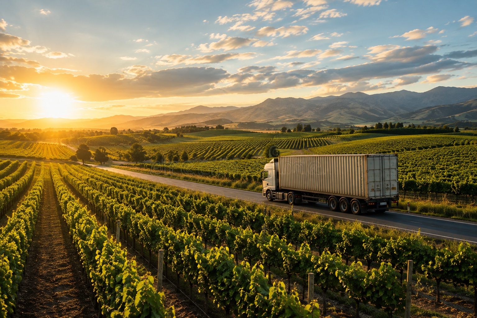 Container truck travelling through vineyard country at golden hour